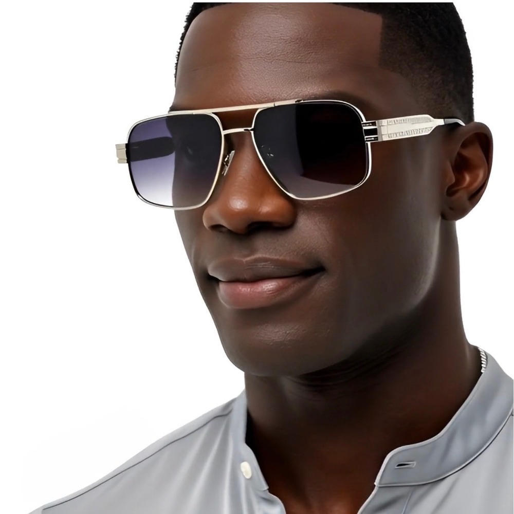 Mens Silver Square Aviator Sunglasses Smoke Gradient Lens Engraved Metal Frame